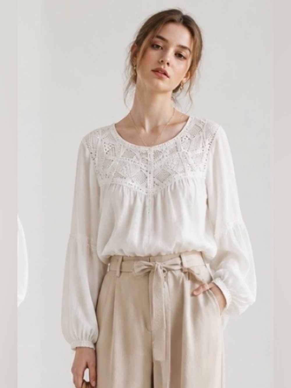 SUNDANCE Top Blouse Lace Jersey Knit White Peasant Long Sleeve Juliet XL
